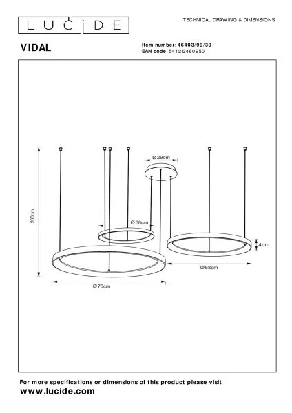 Lucide Premium VIDAL - Hanglamp - Ø 78 cm - LED Dimb. - 1x120W 2700K - Zwart - technisch